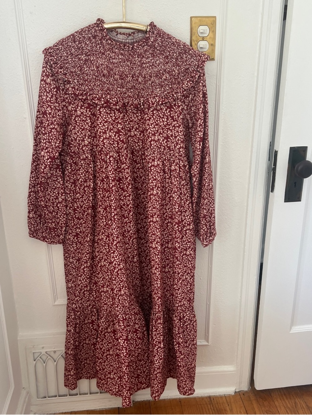 Long-Sleeve Floral Midi Dress in Burgundy